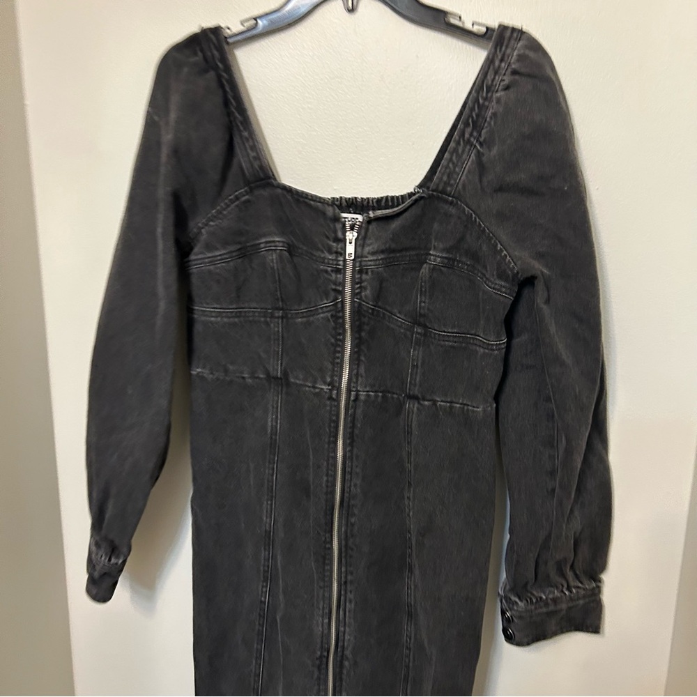 Future Collective Womens Washed Black Denim Zip Front Long Sleeve Midi Dress 8 - Picture 5 of 11